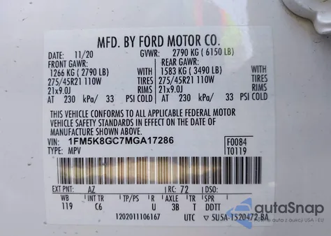 2021 Ford Explorer St из США, поврежденный, VIN 1FM5K8GC7MGA17286